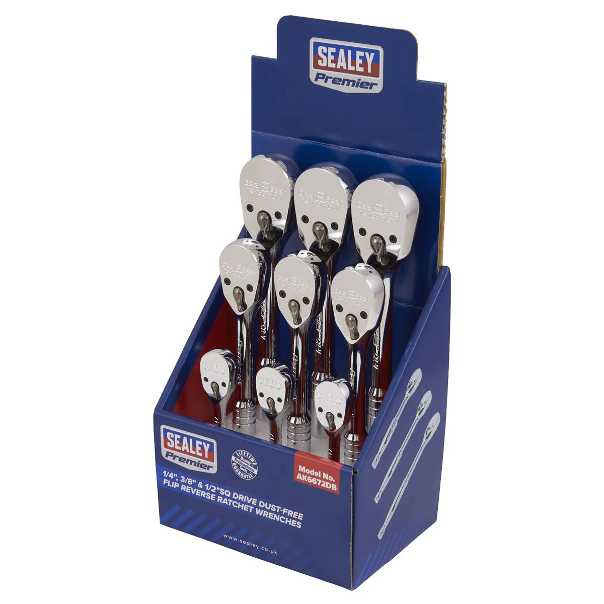 Sealey AK6672DB Ratchet Wrenches 1/4" 3/8" & 1/2"Sq Drive Pear-Head Flip Reverse Display Box of 9 Sealey