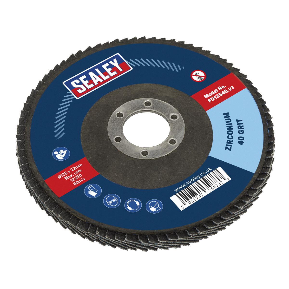 Sealey FD12540 Flap Disc Zirconium Ø125mm Ø22mm Bore 40Grit Sealey