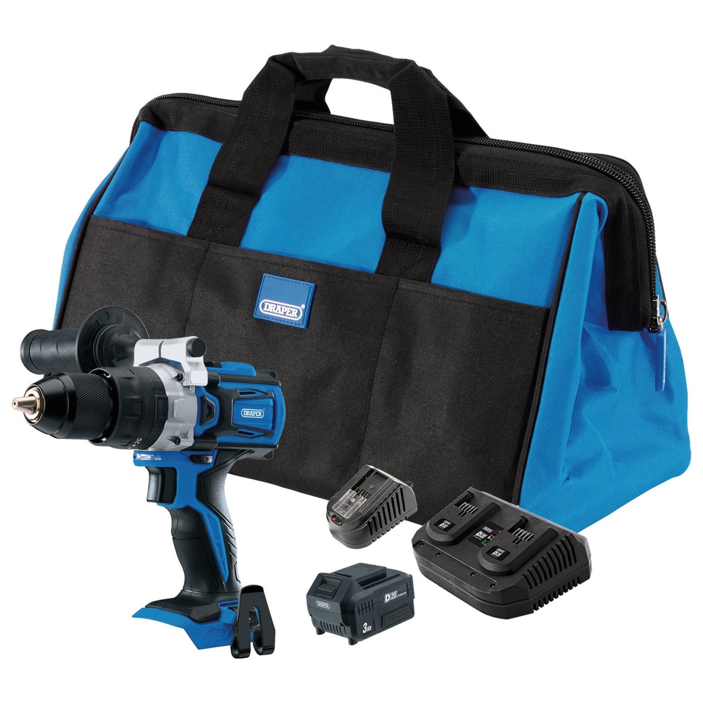 Draper 70370 D20 20V Combi Drill Kit 1 x 3.0Ah Battery 1 x 4.0Ah Battery 1 x Charger 5 Piece Draper