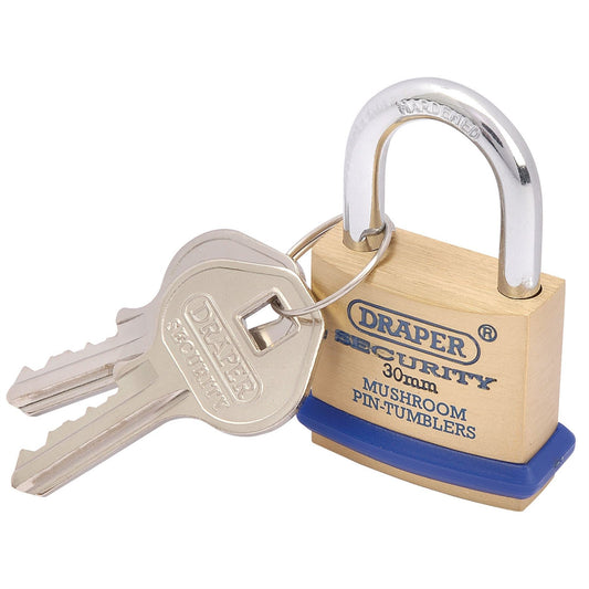 Draper 64160 Solid Brass Padlock and 2 Keys with Mushroom Pin Tumblers Hardened Steel Shackle and Bumper 30mm Draper