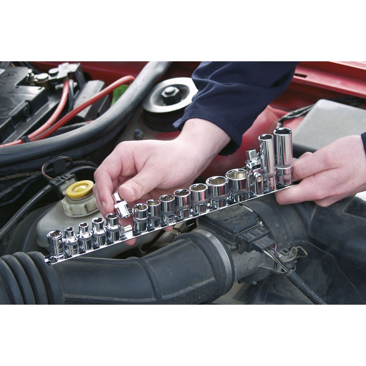 Sealey AK3814 Socket Retaining Rail with 14 Clips 3/8"Sq Drive Sealey