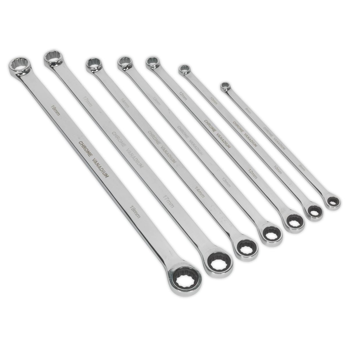 Sealey AK6319 Double Ring Ratchet/Fixed Spanner Set 7pc Extra-Long Metric Sealey