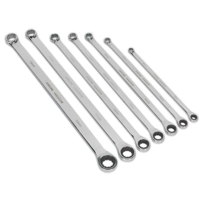 Sealey AK6319 Double Ring Ratchet/Fixed Spanner Set 7pc Extra-Long Metric Sealey