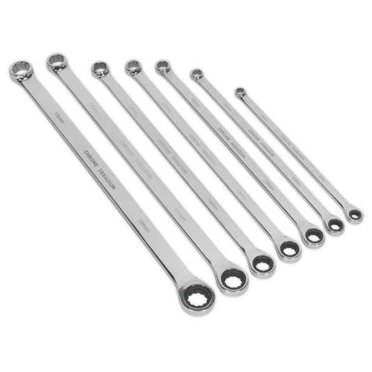 Sealey AK6319 Double Ring Ratchet/Fixed Spanner Set 7pc Extra-Long Metric Sealey
