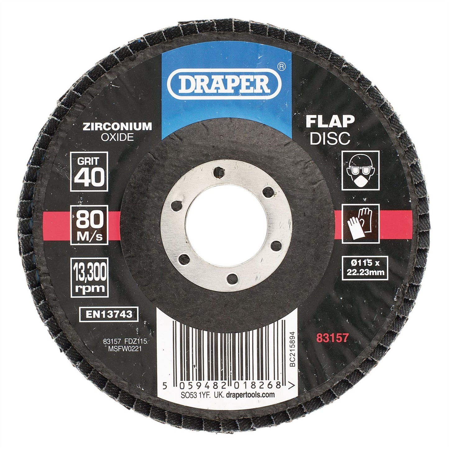 Draper 83157 Zirconium Oxide Flap Disc 115 x 22.23mm 40 Grit Draper