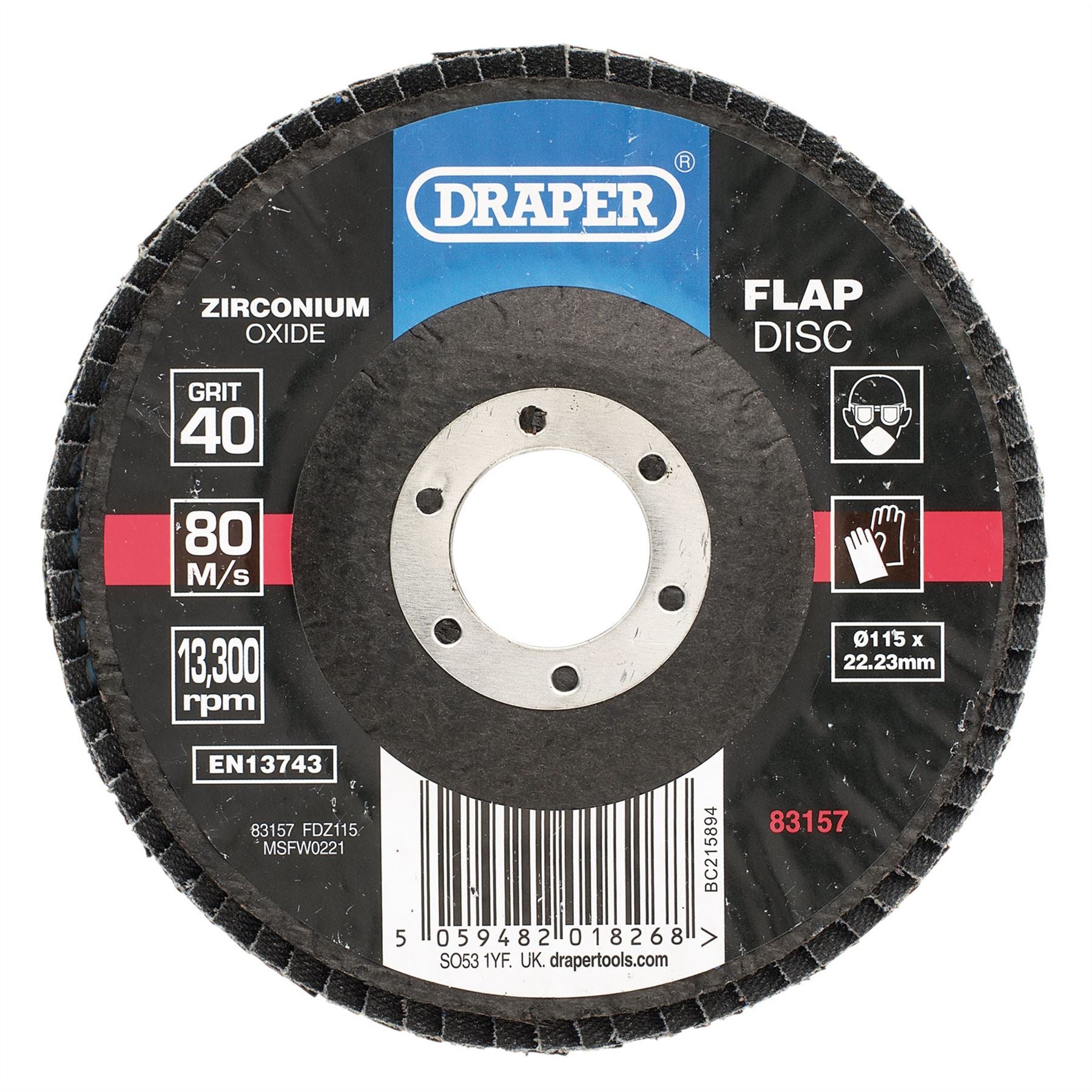 Draper 83157 Zirconium Oxide Flap Disc 115 x 22.23mm 40 Grit Draper