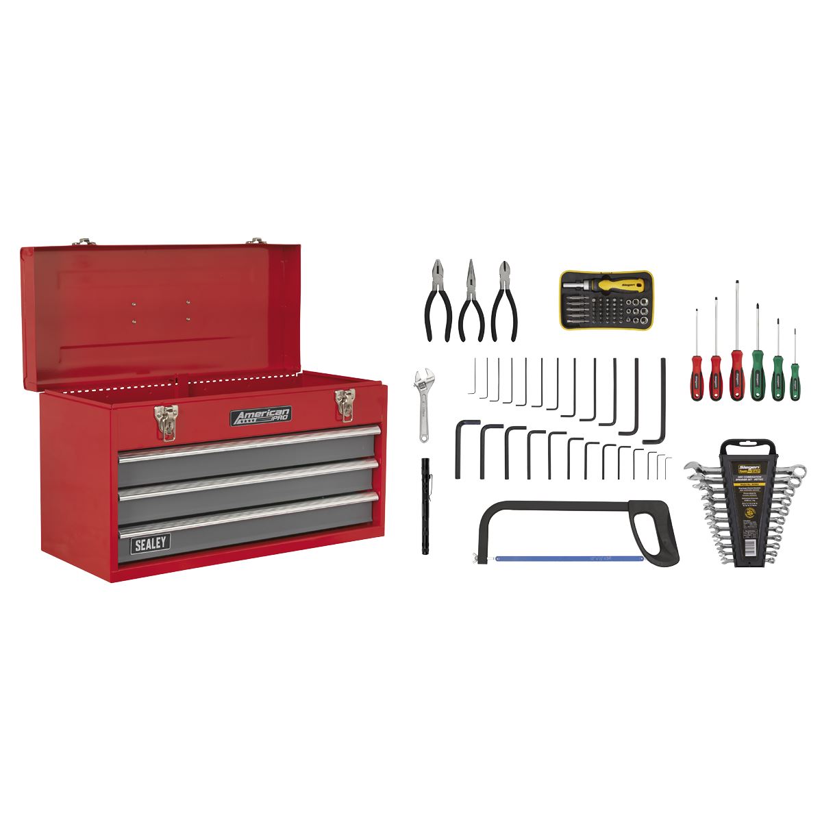 Sealey AP9243BBCOMBO Portable Tool Chest 3 Drawer with Ball-Bearing Slides - Red/Grey & 93pc Tool Kit Sealey