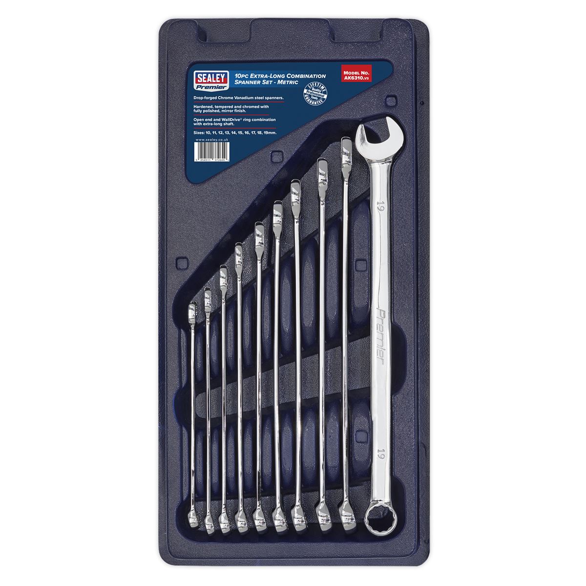 Sealey AK6310 Combination Spanner Set 10pc Extra-Long Metric Sealey