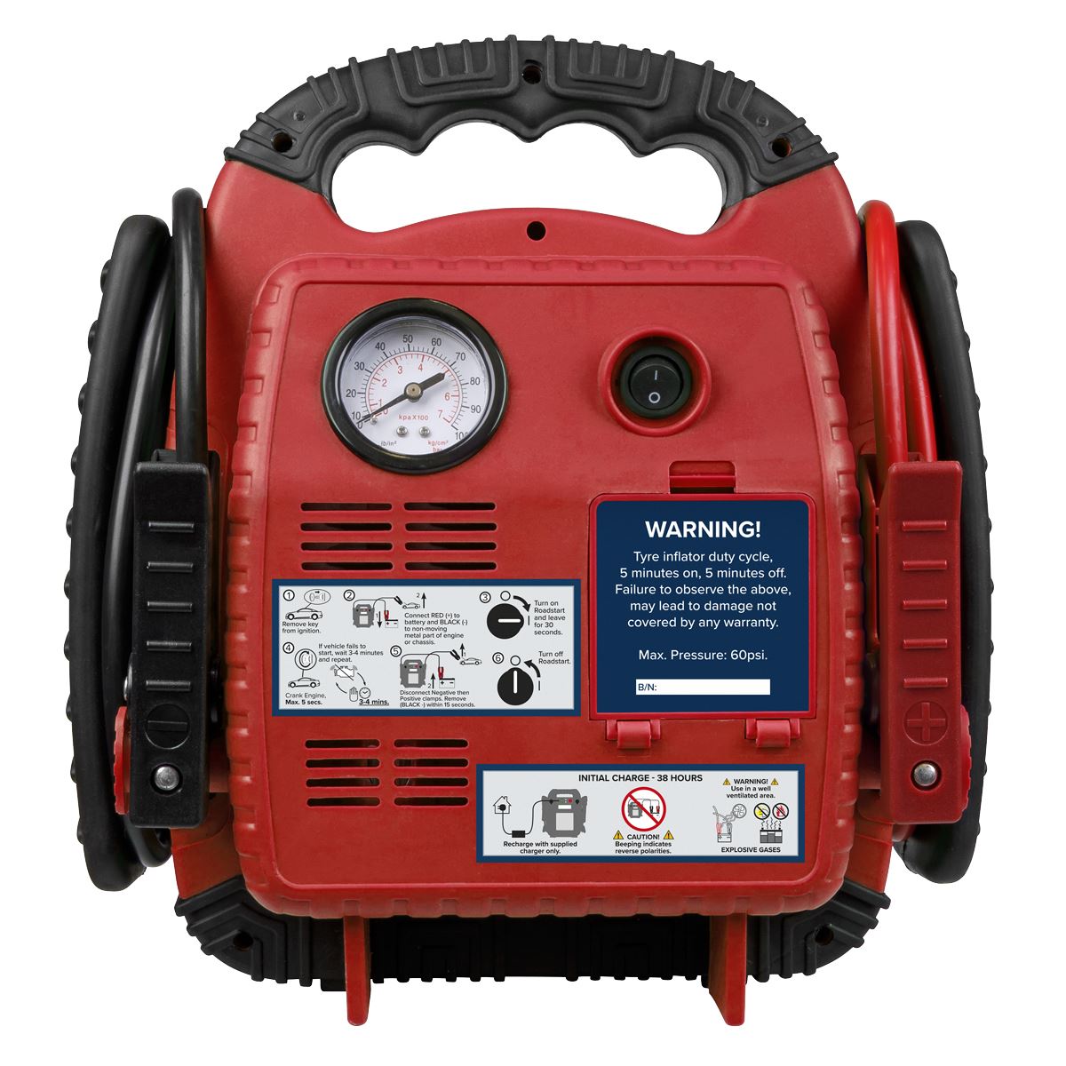 Sealey RS132 RoadStart® Emergency Jump Starter with Air Compressor 12V 900 Peak Amps Sealey
