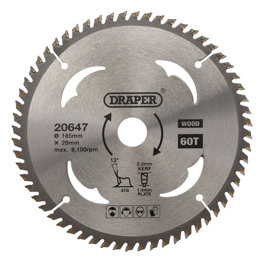 Draper 20647 TCT Circular Saw Blade for Wood 165 x 20mm 60T Draper