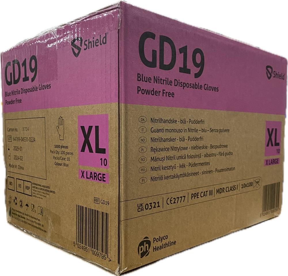 Shield GD19 Blue Nitrile Disposable Gloves – Case of 1000 (10 x 100) Shield