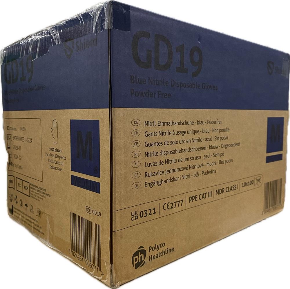 Shield GD19 Blue Nitrile Disposable Gloves – Case of 1000 (10 x 100) Shield