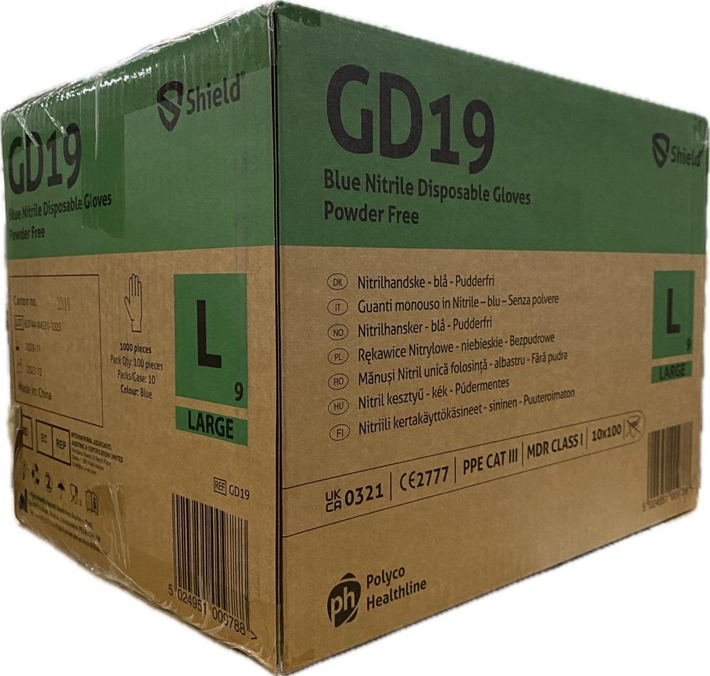 Shield GD19 Blue Nitrile Disposable Gloves – Case of 1000 (10 x 100) Shield