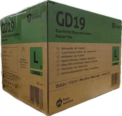 Shield GD19 Blue Nitrile Disposable Gloves – Case of 1000 (10 x 100) Shield
