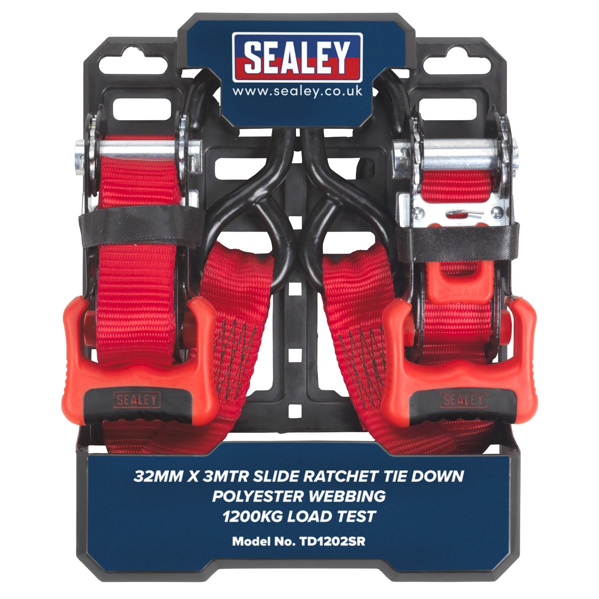 Sealey TD1202SR Slide Ratchet Strap 32mm x 3m Polyester Webbing with S-Hooks 1200kg Breaking Strength Sealey