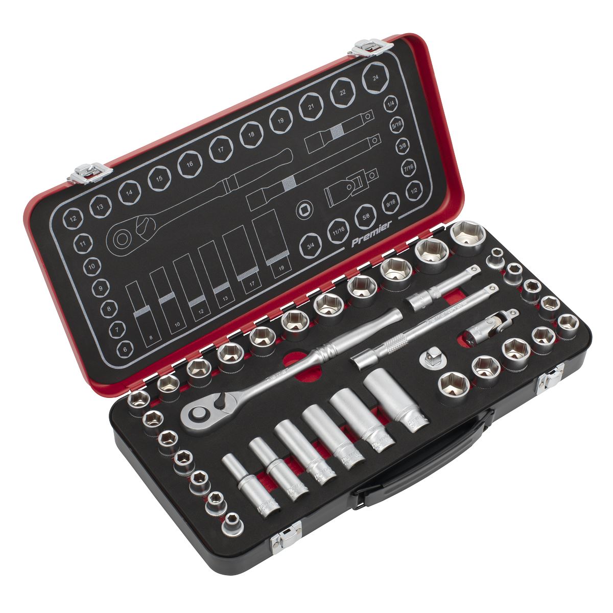 Sealey AK7923 Socket Set 3/8"Sq Drive 37pc - Metric/Imperial - Premier Platinum Sealey