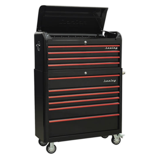 Sealey AP41COMBOBR Retro Style Wide Topchest & Rollcab Combination 10 Drawer-Black with Red Anodised Drawer Pulls Sealey