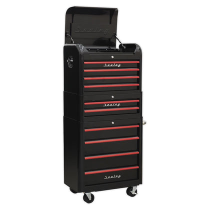 Sealey AP28COMBO2BR Retro Style Topchest Mid-Box Tool Chest & Rollcab Combination 10 Drawer - Black with Red Anodised Drawer Pulls Sealey