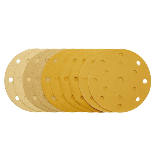 Draper 08480 Gold Sanding Discs with Hook & Loop 150mm Assorted Grit - 120G 180G 240G 320G 400G 15 Dust Extraction Holes Pack of 10 Draper