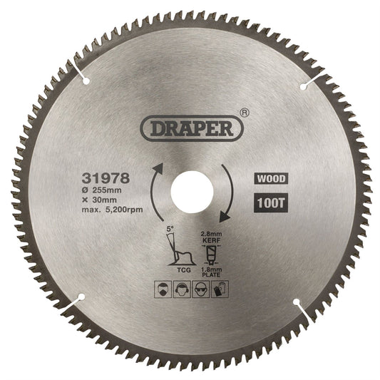 Draper 31978 TCT Triple Chip Grind Circular Saw Blade 255 x 30mm 100T Draper