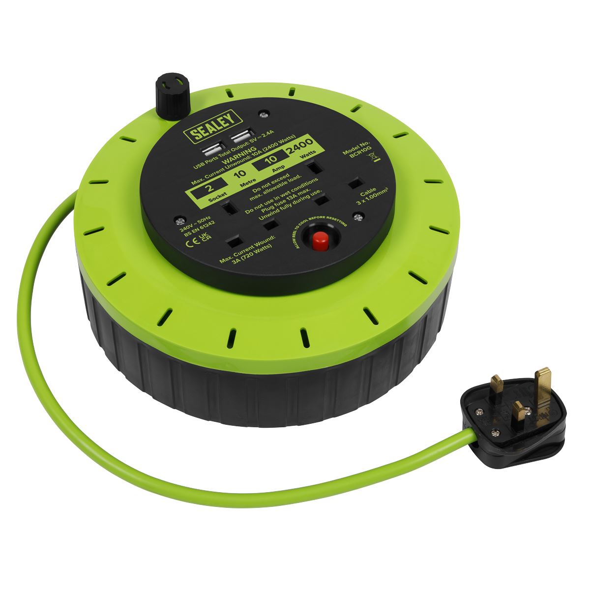 Sealey BCR10G Cassette Type Cable Reel Green with Thermal Trip 2 x 230V and 2 x USB 10m Sealey