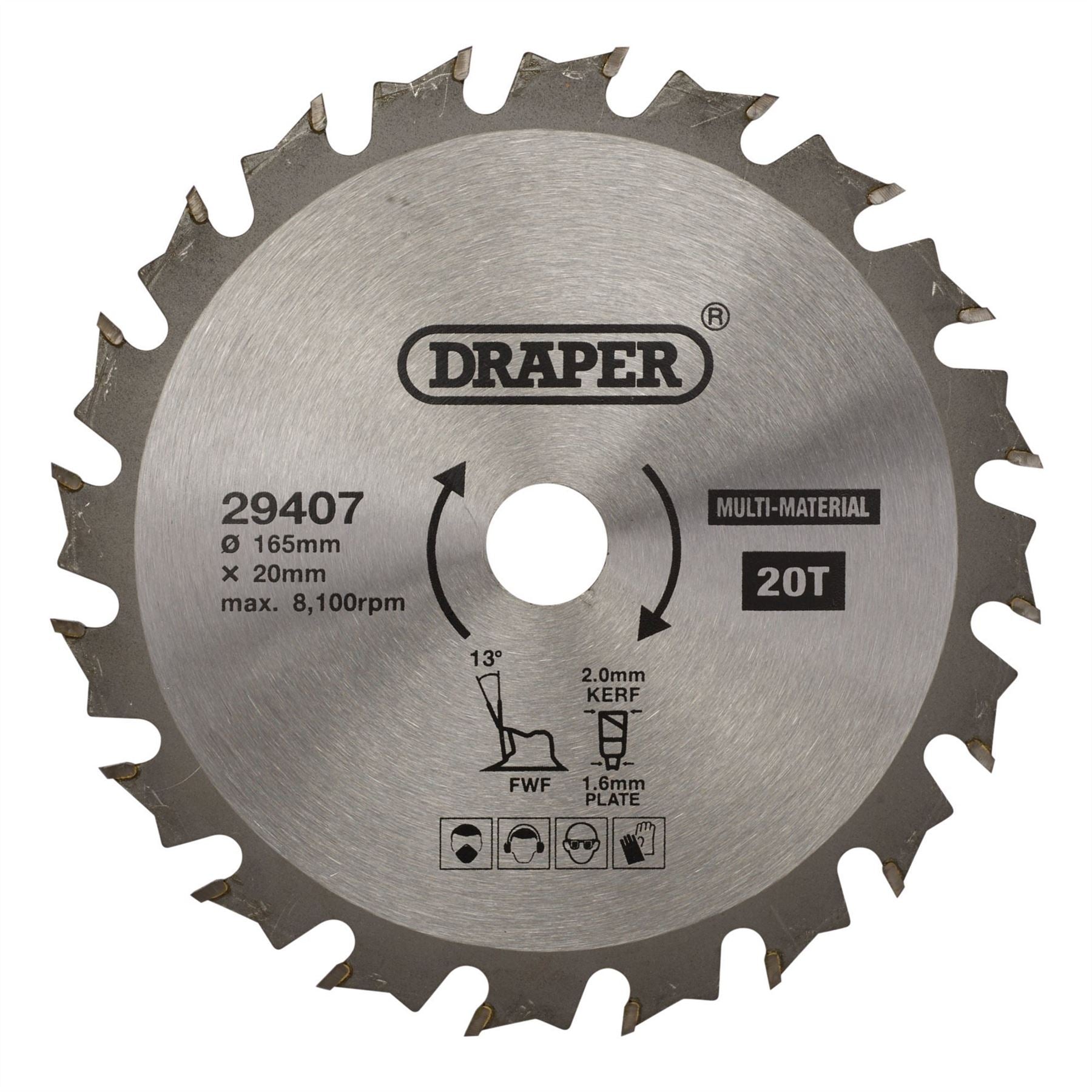 Draper 29407 TCT Multi-Purpose Circular Saw Blade 165 x 20mm 20T Draper