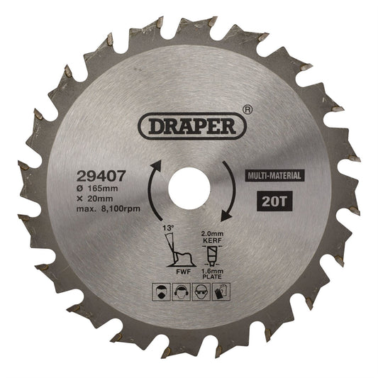 Draper 29407 TCT Multi-Purpose Circular Saw Blade 165 x 20mm 20T Draper