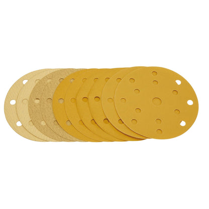 Draper 08480 Gold Sanding Discs with Hook & Loop 150mm Assorted Grit - 120G 180G 240G 320G 400G 15 Dust Extraction Holes Pack of 10 Draper