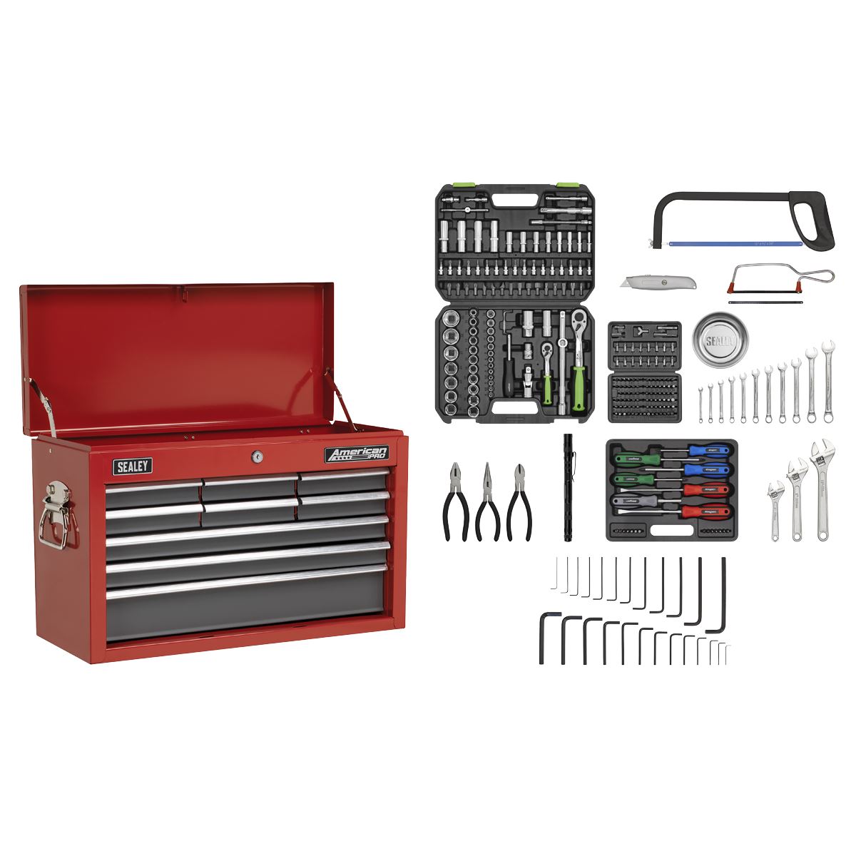 Sealey AP22509BBCOMB Topchest 9 Drawer with Ball-Bearing Slides - Red/Grey & 205pc Tool Kit Sealey