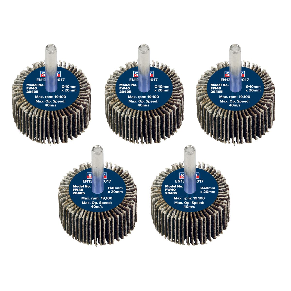 Sealey FW4020405 Abrasive Flap Wheel Ø40 x 20mm 40Grit Ø6mm Shaft - Pack of 5 Sealey