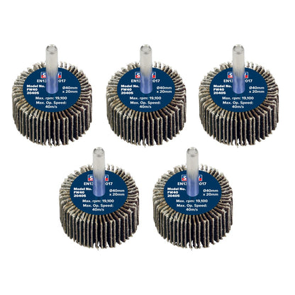 Sealey FW4020405 Abrasive Flap Wheel Ø40 x 20mm 40Grit Ø6mm Shaft - Pack of 5 Sealey