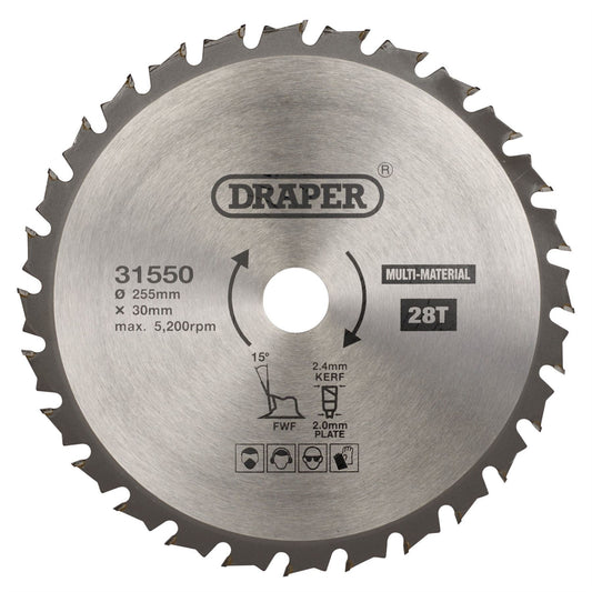 Draper 31550 TCT Multi-Purpose Circular Saw Blade 255 x 30mm 28T Draper