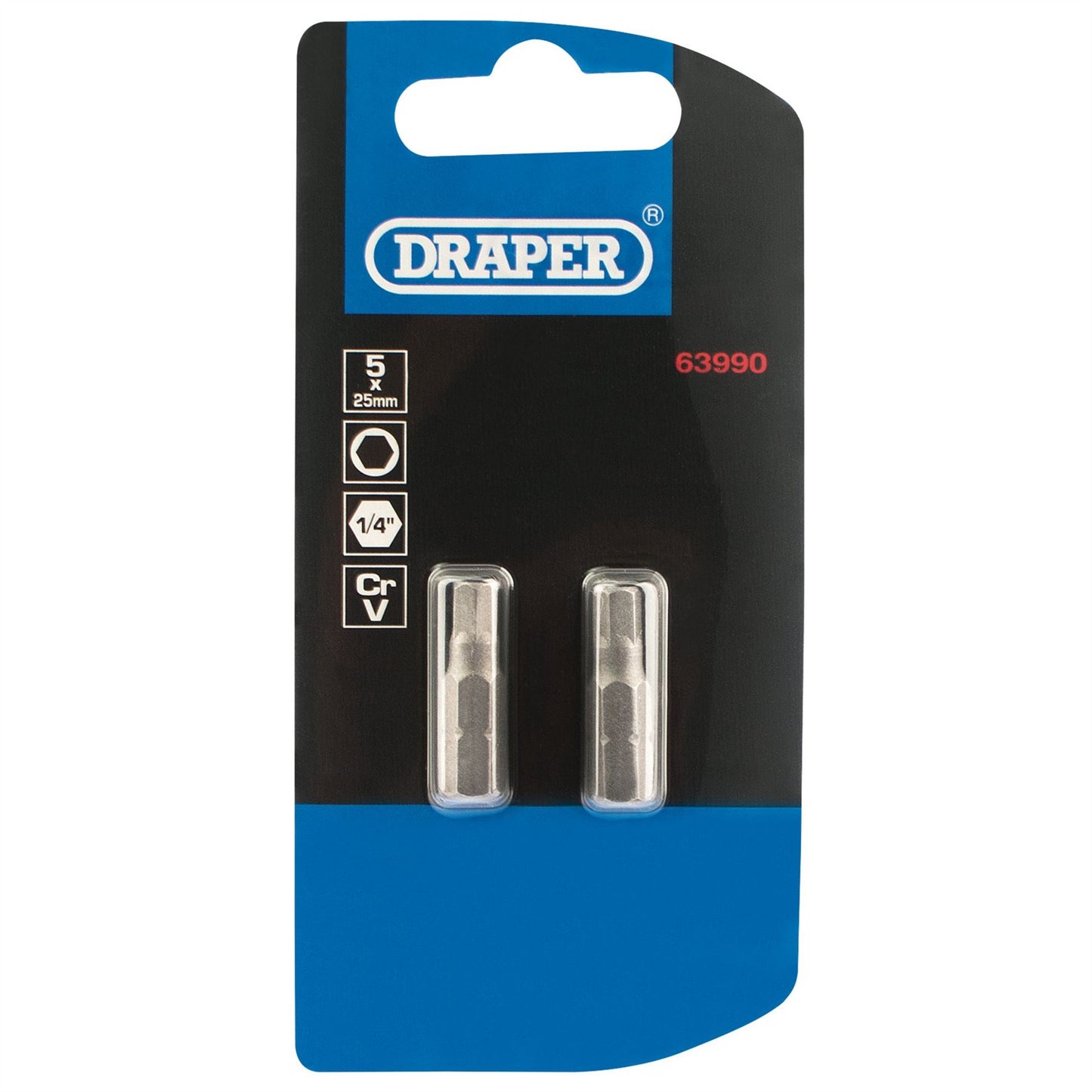 Draper 63990 Hexagonal Insert Bit 5mm 1/4" Hex 25mm Long Pack of 2 Draper
