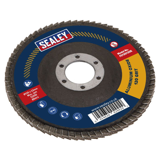 Sealey FD125120E Flap Disc Aluminium Oxide Ø125mm Ø22mm Bore 120Grit Sealey