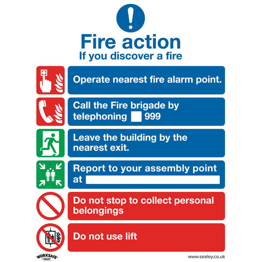 Sealey SS19V1 Safe Conditions Safety Sign - Fire Action With Lift - Self-Adhesive Vinyl Sealey