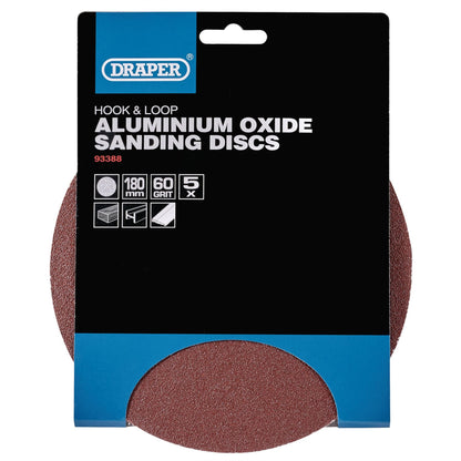 Draper 93388 Hook and Loop Aluminium Oxide Sanding Discs 180mm 60 Grit Pack of 5 Draper