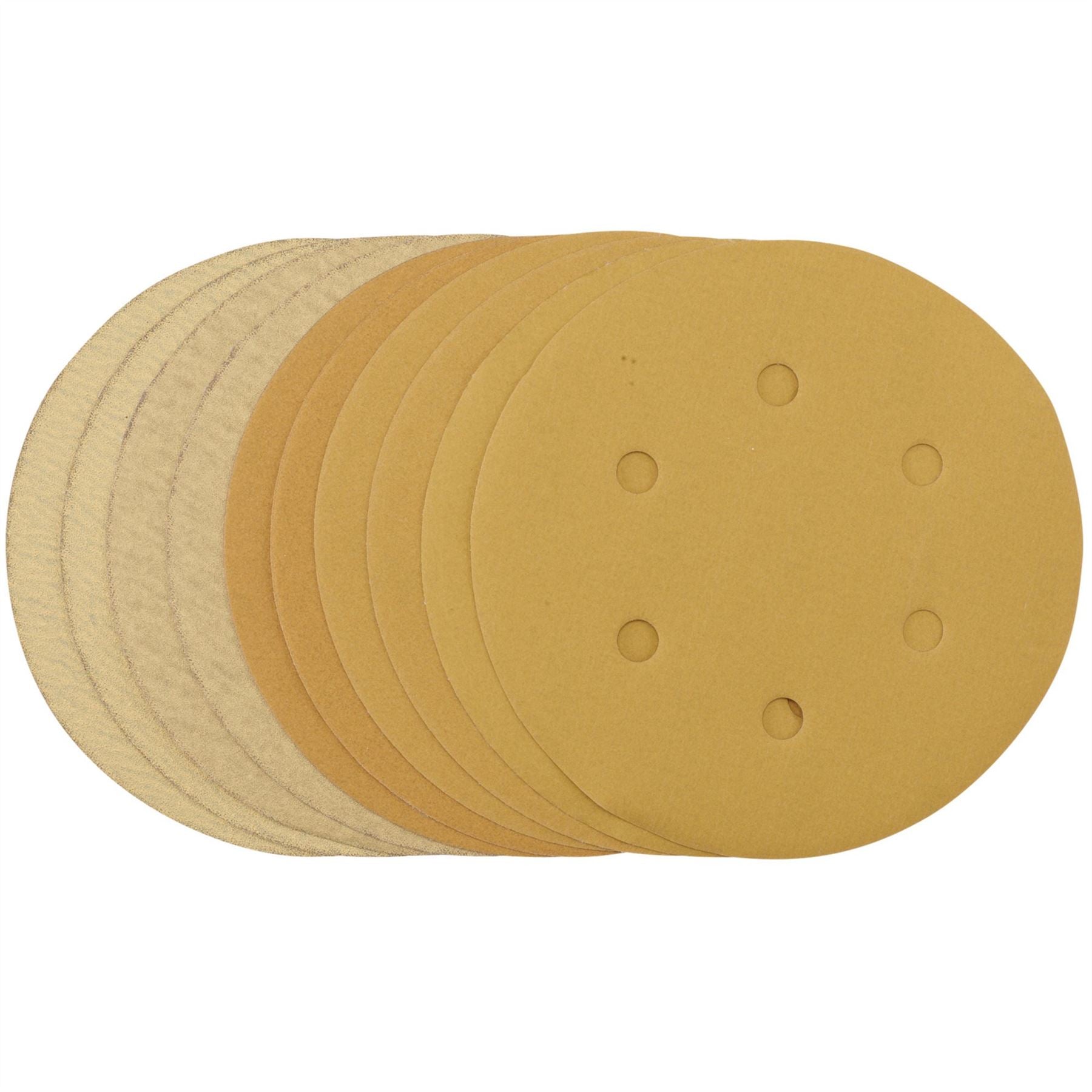 Draper 64284 Gold Sanding Discs with Hook & Loop 150mm Assorted Grit - 120G 180G 240G 320G 400G 6 Dust Extraction Holes Pack of 10 Draper