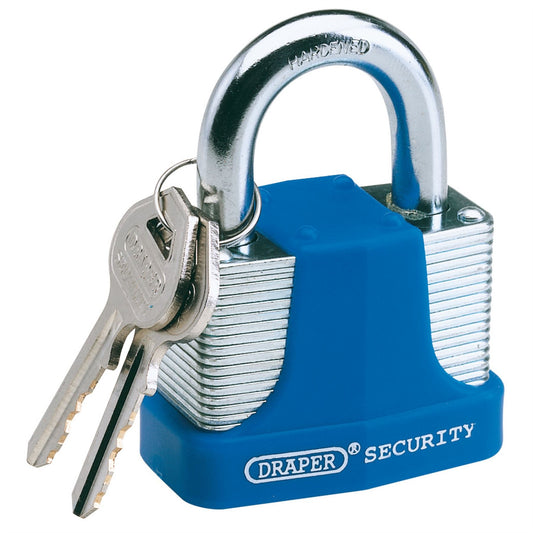 Draper 64183 Laminated Steel Padlock and 2 Keys with Hardened Steel Shackle and Bumper 65mm Draper