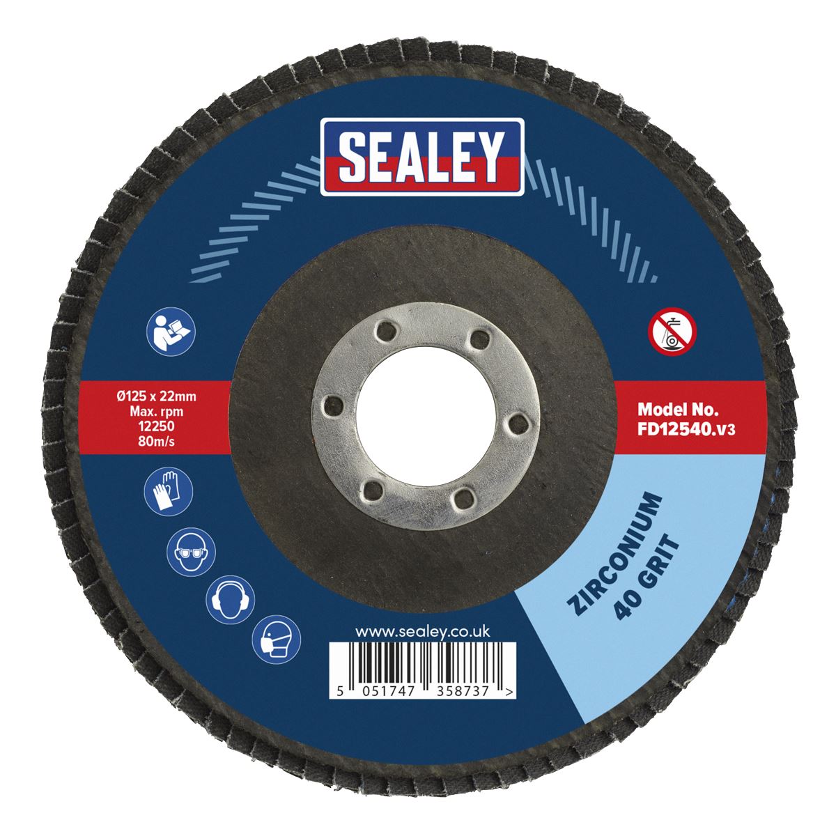 Sealey FD12540 Flap Disc Zirconium Ø125mm Ø22mm Bore 40Grit Sealey