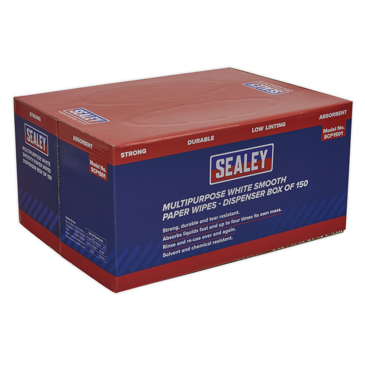 Sealey SCP1501 Multipurpose Paper Wipes in Dispenser Box - Smooth White 73gsm 150 Sheets Sealey