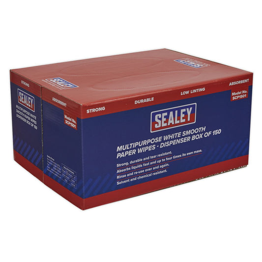 Sealey SCP1501 Multipurpose Paper Wipes in Dispenser Box - Smooth White 73gsm 150 Sheets Sealey