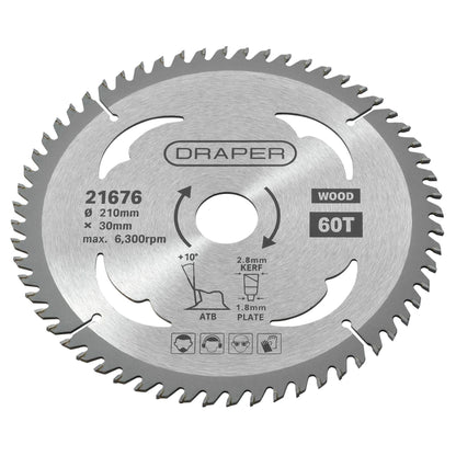 Draper 21676 TCT Circular Saw Blade for Wood 210 x 30mm 60T Draper