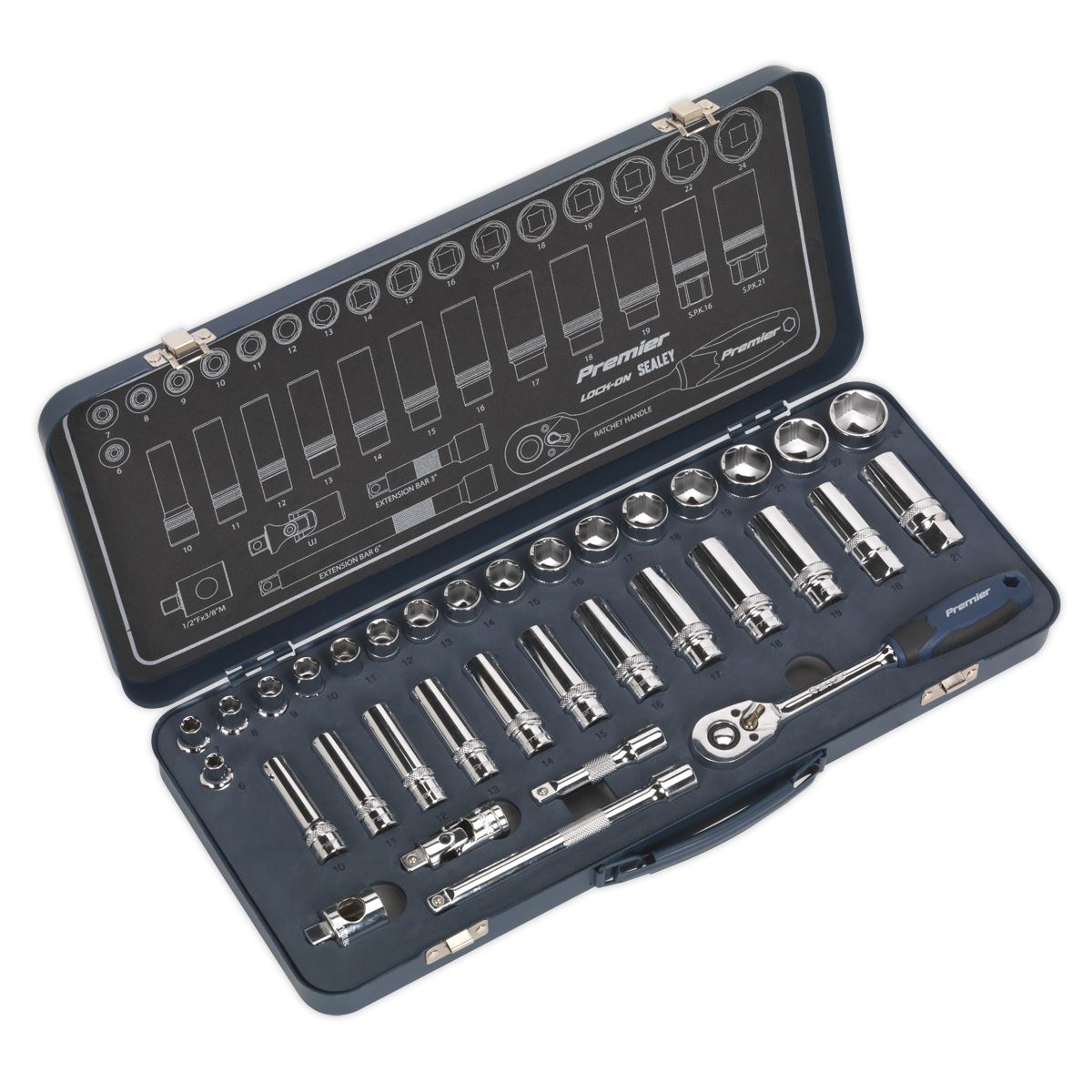 Sealey AK27481 Socket Set 34pc 3/8"Sq Drive Lock-On™ 6pt Metric Sealey