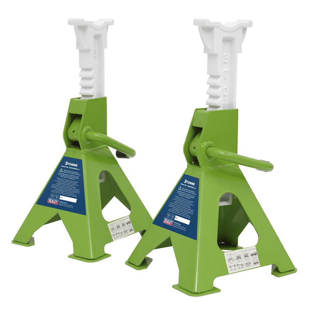 Sealey VS2003HV Ratchet Type Axle Stands (Pair) 3 Tonne Capacity per Stand - Hi-Vis Green Sealey