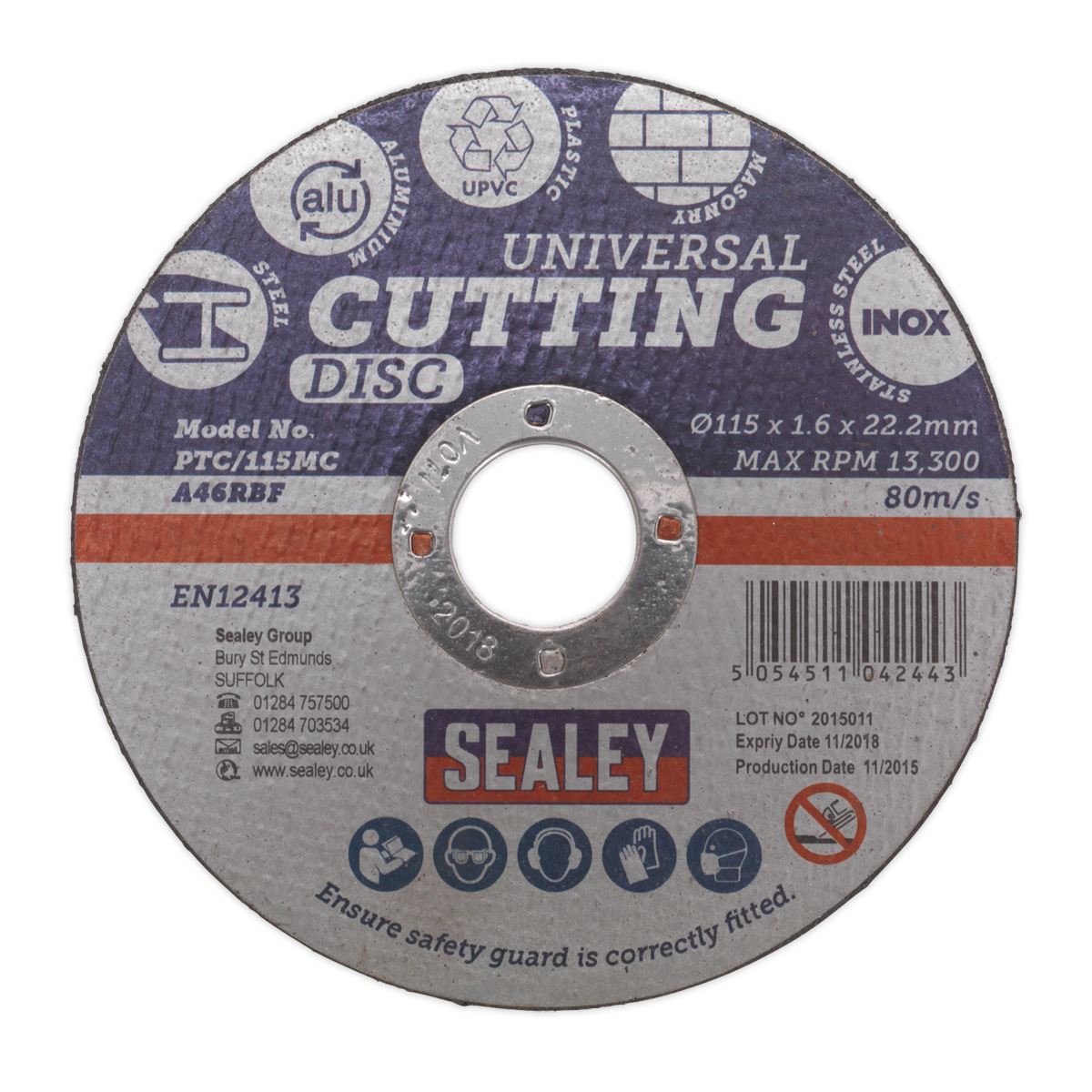 Sealey PTC/115MC Multipurpose Cutting Disc Ø115 x 1.6mm Ø22.2mm Bore Sealey