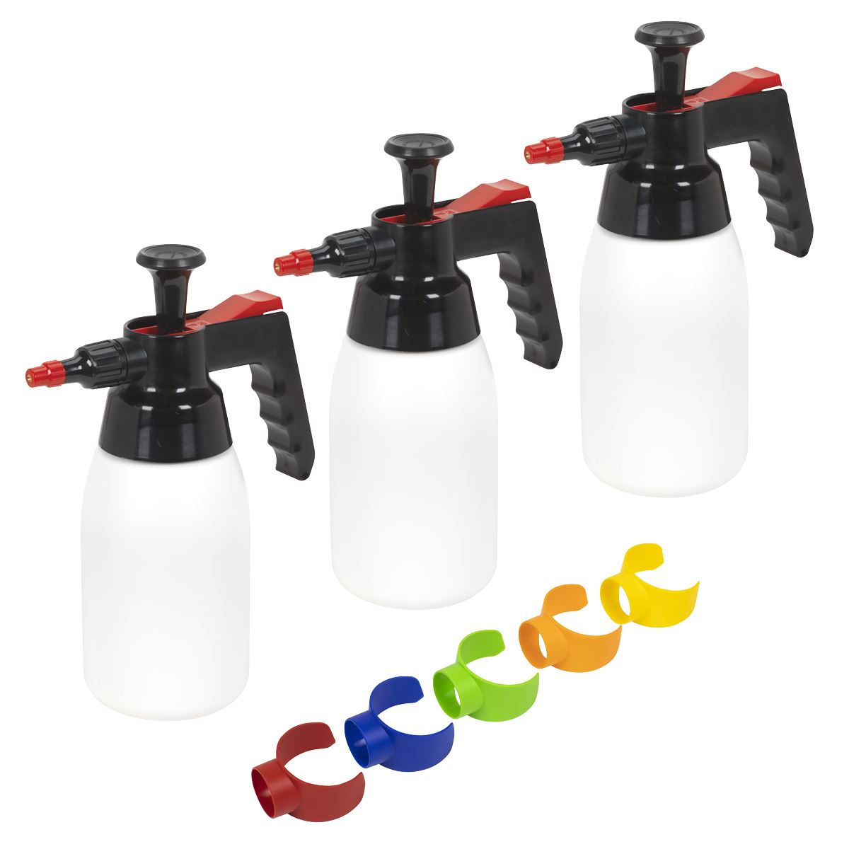Sealey SCSGCOMBO Premium Pressure Solvent Sprayers 1L & Colour-Coded Caps Combo Sealey