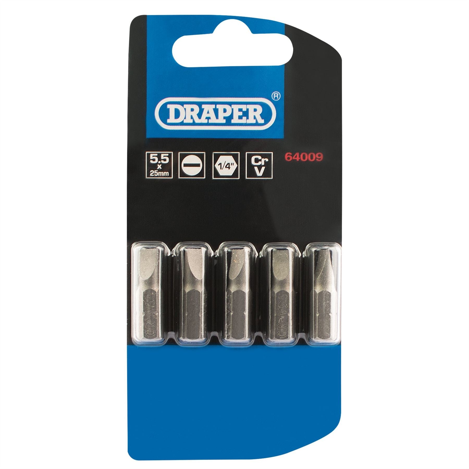 Draper 64009 Plain Slot Insert Bit 5.5mm 1/4" Hex 25mm Long Pack of 5 Draper