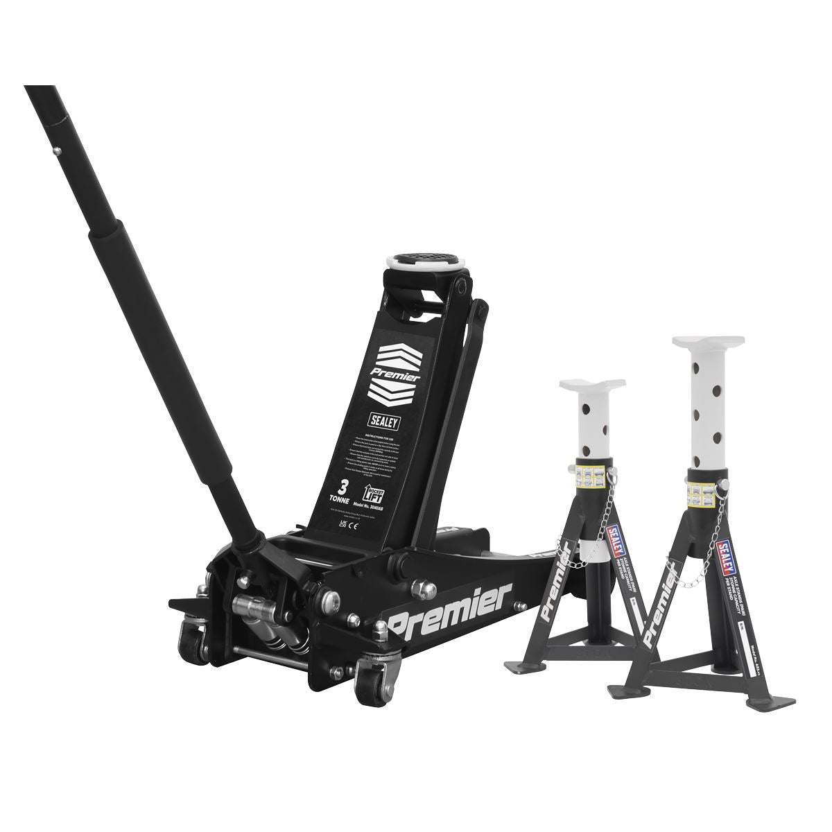 Sealey 3040ABCOMBO Premier Trolley Jack 3 Tonne & Axle Stands (Pair) 3 Tonne per Stand Combo Sealey
