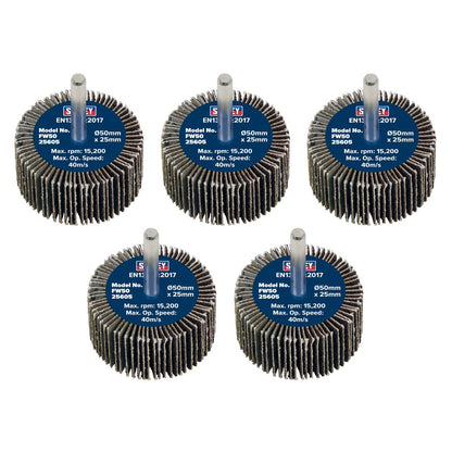 Sealey FW5025605 Abrasive Flap Wheel Ø50 x 25mm 60Grit Ø6mm Shaft - Pack of 5 Sealey