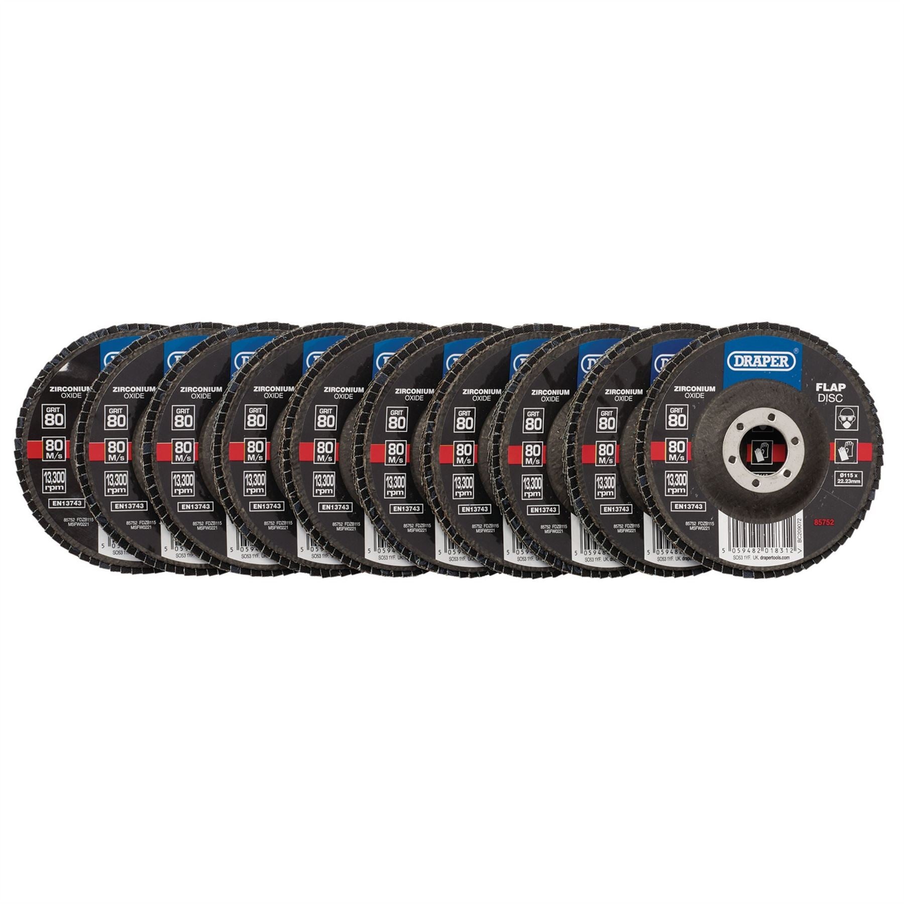 Draper 85752 Zirconium Oxide Flap Discs 115 x 22.23mm 80 Grit Pack of 10 Draper